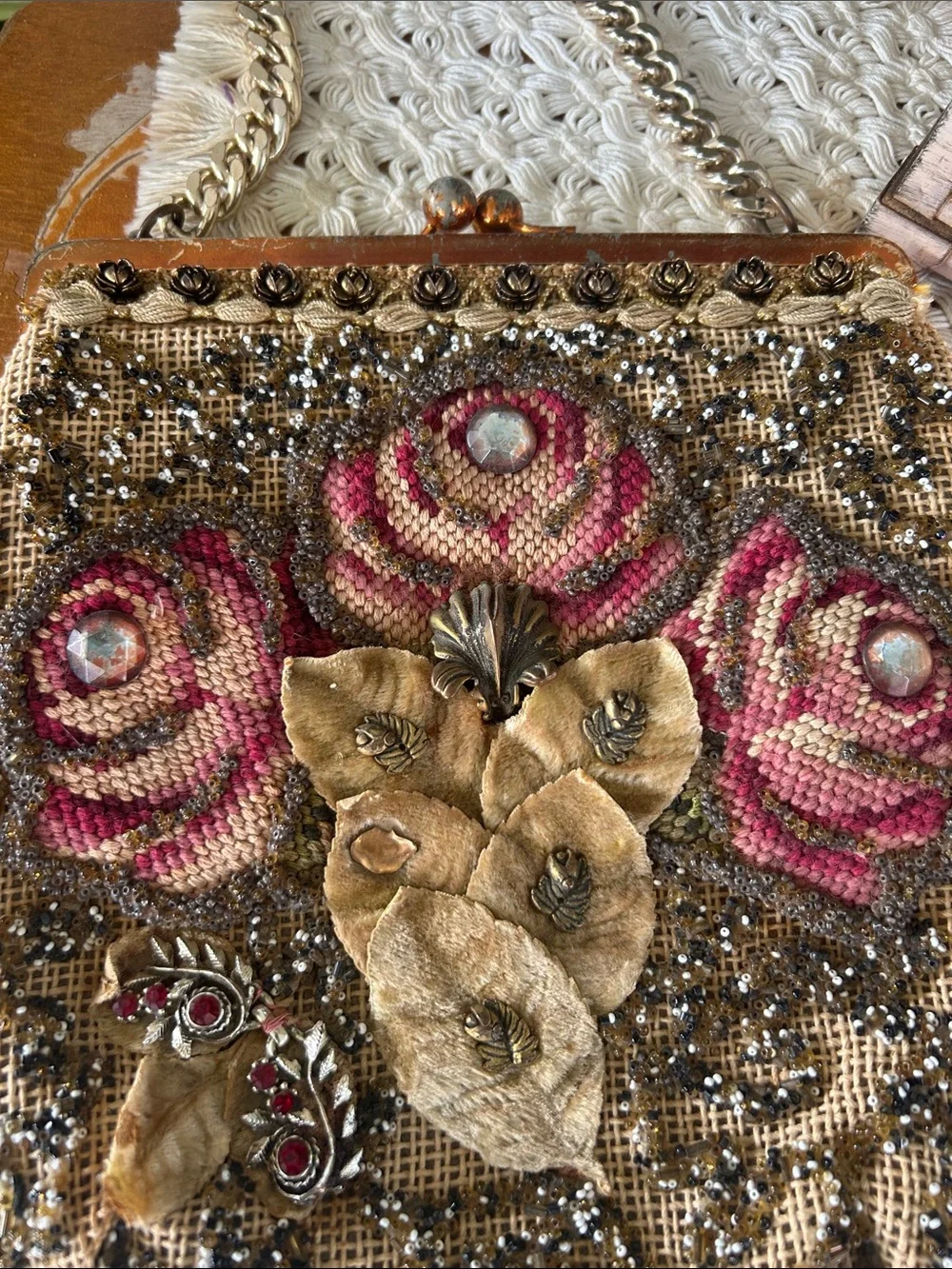 Vintage Rose Needlepoint & Beaded Bag